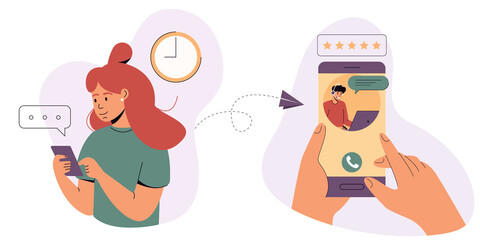 Woman turns to the support service.Online service 24 to 7. Online tech support.Online helpline, hotline operator, online customer support, personal assistant, call center.Vector illustration.Eps10