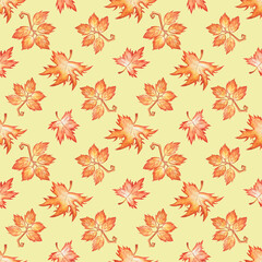 Watercolor seamless pattern with autumn leaves isolated on yellow background.Use for  wrapping paper,textile,fabrics.