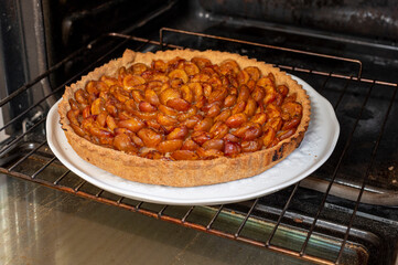 A beautiful mirabelle plum tart, Alsace, France. A regional dessert in the North-East of France. When they come out of the oven, the fruits are a warm yellow color.