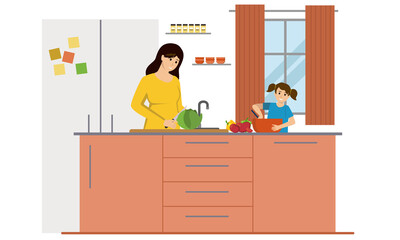 Family is cooking in the kitchen. Mom and daughter are cooking in the kitchen. Healthy food at home. Happy family in the kitchen. Mother and child daughter are preparing a proper meal.