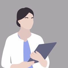 Illustration of female doctor with magazine.  Faceless style. Flat illustration. colorful background.