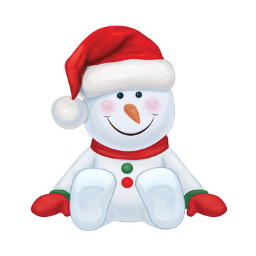 Vector sitting snowman cartoon. Cute snowman in Santa cap.