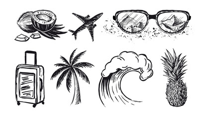 Hello Summer, palm tree, glasses, wave, pineapple. Hand drawn illustration. - obrazy, fototapety, plakaty
