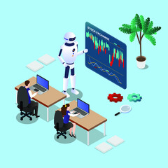 Robot automatic stock trading 3d isometric vector illustration concept for banner, website, landing page, ads, etc