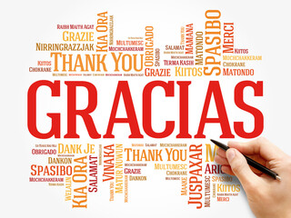 Gracias (Thank You in Spanish) Word Cloud background, all languages, multilingual for education or...