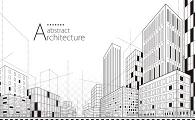 Fototapeta 3D illustration Imagination modern urban landscape background,architecture building construction perspective design drawing. obraz