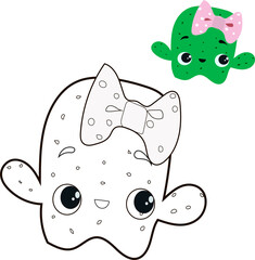 cactus plant with a bow and a cute grimace, coloring book with sketches, vector drawing, isolate on a white background
