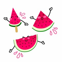 Watermelons are funny on a white background set. National Watermelon Day. Use for a postcard, background, application on a fabric or souvenir products.