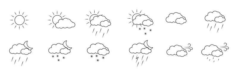 Weather icons pack. Colorful weather forecast design elements, perfect for mobile apps and widgets. Contains icons of the sun, clouds, snowflakes, wind, rain and more. Icons pack.