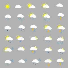 Weather icons pack. Colorful weather forecast design elements, perfect for mobile apps and widgets. Contains icons of the sun, clouds, snowflakes, wind, rain and more. Icons pack.