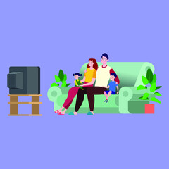Vector illustration concept of a family relaxing on the sofa at home watching television.