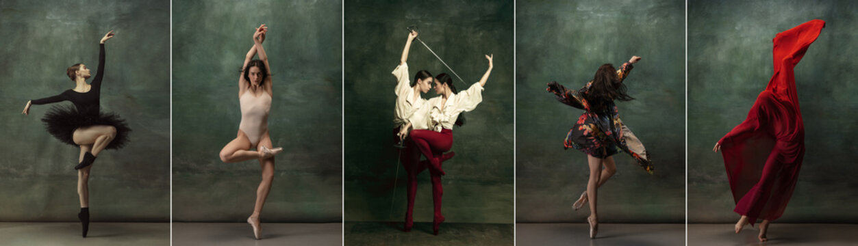 Fototapeta Collage of portraits of female ballet dancers dancing on studio background. Concept of art, theater, beauty and creativity