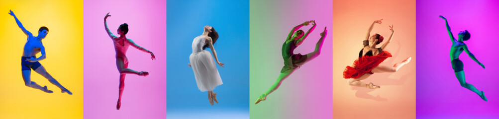 Dance of feelings. Amazing performance of one flexible male, female ballet dancer practicing isolated on color background. Concept of art, beauty, aspiration, creativity.