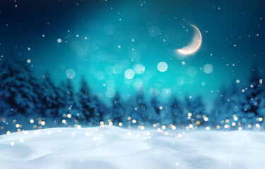 Beautiful winter background for Merry Christmas and Happy New Year with fluffy snowdrifts against background of night winter forest, falling snow and magical sky with moon.