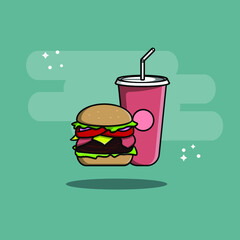 hamburgers and drinks cartoon Vector Icon Illustration. Science Technology Icon Concept Isolated Premium Vector. Flat Cartoon Style

