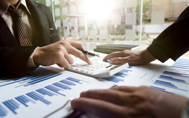 Business team briefing the idea and discussing exchange contract during brainstorming in office.