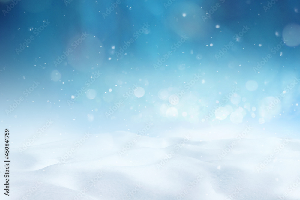 Poster light airy atmospheric beautiful new year's and christmas blue background with soft snowdrifts and f