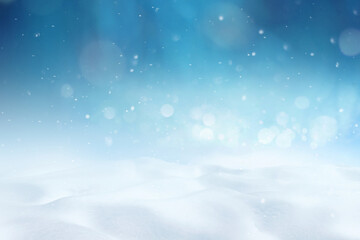 Light airy atmospheric beautiful New Year's and Christmas blue background with soft snowdrifts and falling small flakes of snow.
