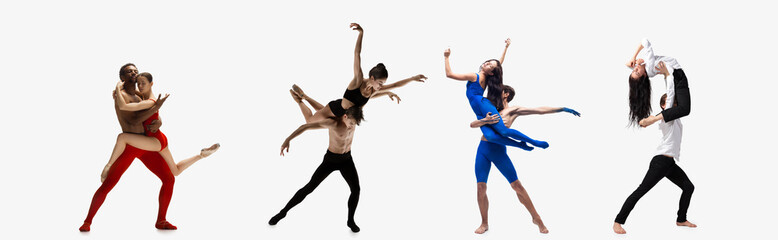 Collage of portraits of male and female ballet dancers dancing isolated on white background. Concept of art, theater, beauty and creativity
