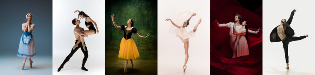 Collage of portraits of female ballet dancers dancing on studio background. Concept of art, theater, beauty and creativity