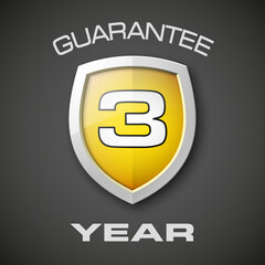 Shield with a text guarantee three year icon. Warranty 3 year Label obligations. Safeguard shield sign. Protect promise reliability badge. Security guaranteed shield illustration