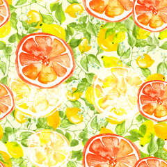 Vintage seamless watercolor pattern - hand drawing threads of lemon, lime  with leaves. Trendy pattern. Painting
Citrus fruits.orange slice, lemon. Branch with citrus fruit. Citrus art background