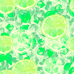 Vintage seamless watercolor pattern - hand drawing threads of lemon, lime  with leaves. Trendy pattern. Painting
Citrus fruits.orange slice, lemon. Branch with citrus fruit. Citrus art background