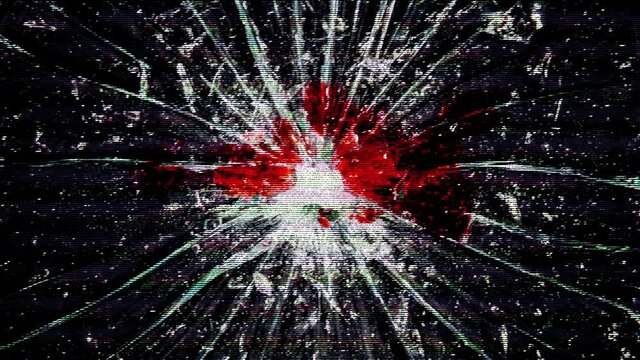 Intentional distorted tv transmission: a broken glass with blood on the sharp shards. Ominous, disquieting closeup shot.
