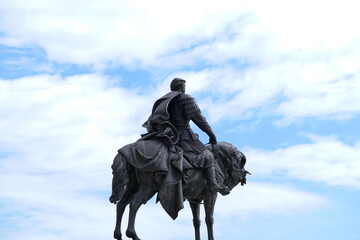 Nizhny Novgorod, Russia, 08.05.2021. Monument to Alexander Nevsky at the Cathedral on the Strelka, at the confluence of the two rivers Volga and Oka.