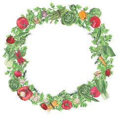 Vegetables frame. Hand painted watercolor. Handmade fresh food design elements isolated.