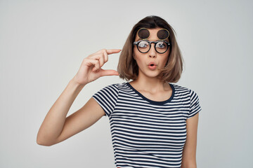 pretty woman with glasses striped tshirt summer fashion