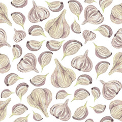 Seamless pattern Garlic. Hand painted watercolor. Handmade fresh food design elements isolated.