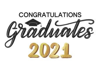 Congrats graduates design concept. Congratulation graduates class of 2021. Congrats graduation calligraphy lettering width gold texture and graduate cap