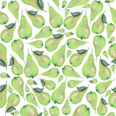 Seamless pattern Pear. Hand painted watercolor. Handmade fresh food design elements isolated.
