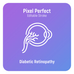 Diabetic retinopathy thin line icon. Ophthalmology. Damage of eyeball because of diabetes mellitus disease. Pixel perfect, editable stroke. Vector illustration.