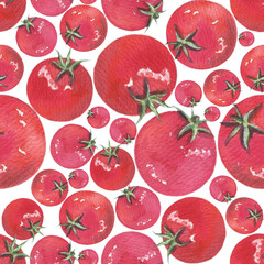 Seamless pattern Tomato. Hand painted watercolor. Handmade fresh food design elements isolated.