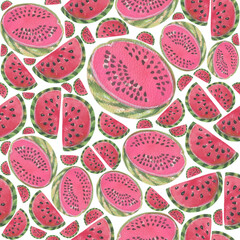 Seamless pattern Watermelon. Hand painted watercolor. Handmade fresh food design elements isolated.