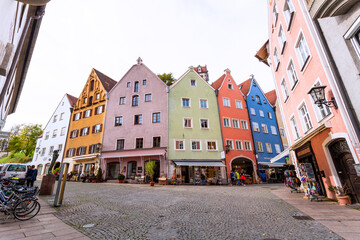 Street cafe in the Fussen old town city center. Fussen is a small town in Bavaria, Germany..