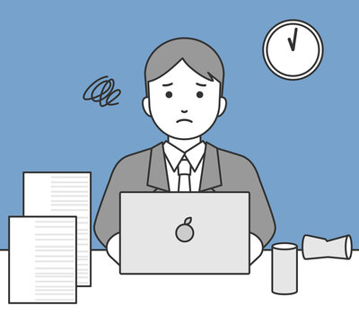 recommend clip art: 残業するビジネスマンの線画イラスト