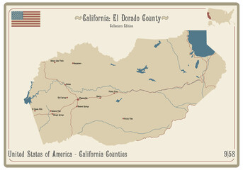 Obraz premium Map on an old playing card of El Dorado county in California, USA.