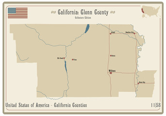 Map on an old playing card of Glenn county in California, USA.