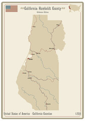 Map on an old playing card of Humboldt county in California, USA.