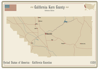 Map on an old playing card of Kern county in California, USA.
