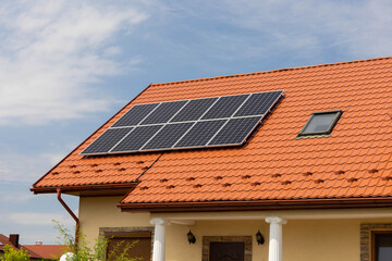 solar panels on a roof of house, modern power solution, environment friendly sun