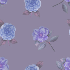 Seamless pattern of blue camellias on a blue background