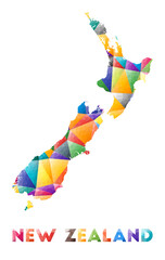 Obraz premium New Zealand - colorful low poly country shape. Multicolor geometric triangles. Modern trendy design. Vector illustration.