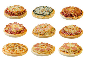 nine different pizza set isolated on white background with clipping path for menu
