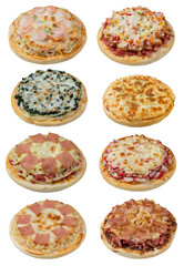 eight different pizza set isolated on white background with clipping path for menu