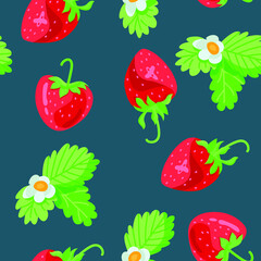 Vector pattern with strawberry leaves and flowers on a blue background. Hand drawn flat illustration.
