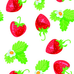 Vector pattern with strawberry leaves and flowers on a white background. Hand drawn flat illustration.